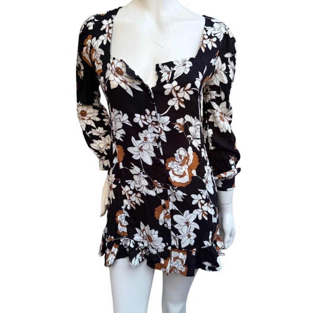 Saltwater Luxe Floral Mini Dress Scoop Neck  Black Cream Cottagecore Chic Small